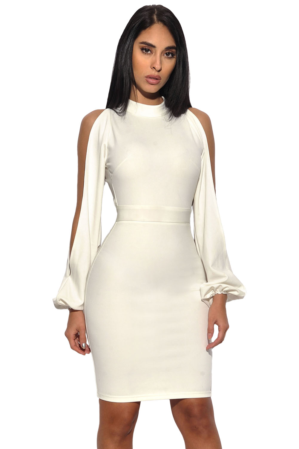 BY28466-1 White Cut Out Sleeve Stretch Crepe Bandage Party Dress